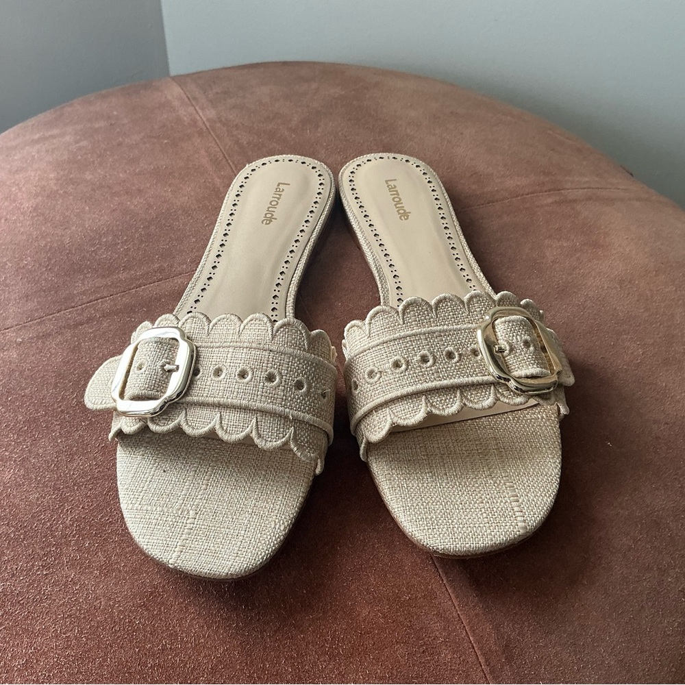 Larroude Beige Scalloped Buckle Sandals